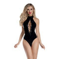 Black patent leather halter bodysuit with lace up front detail from starline lingerie in wet look material M/L size
