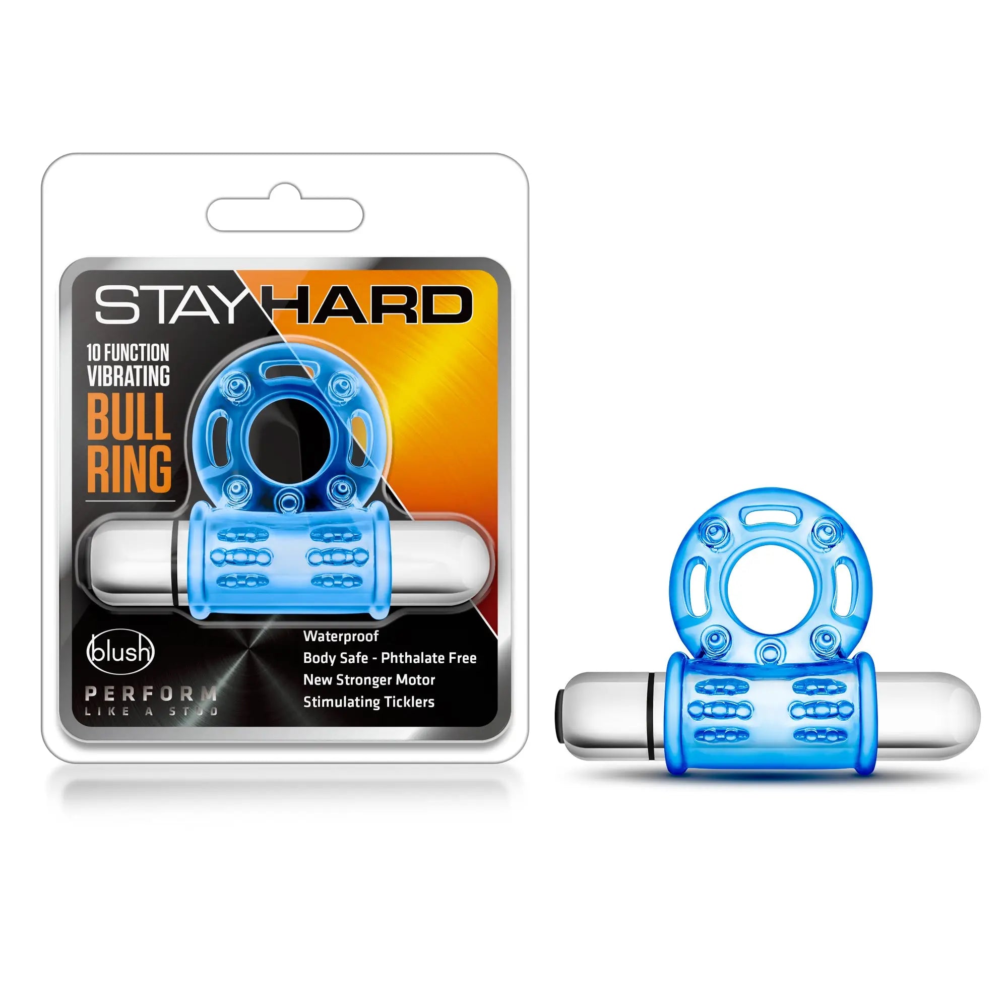 Blue translucent plastic and silver metallic stay hard 10 function vibrating bull ring for enhanced intimate pleasure