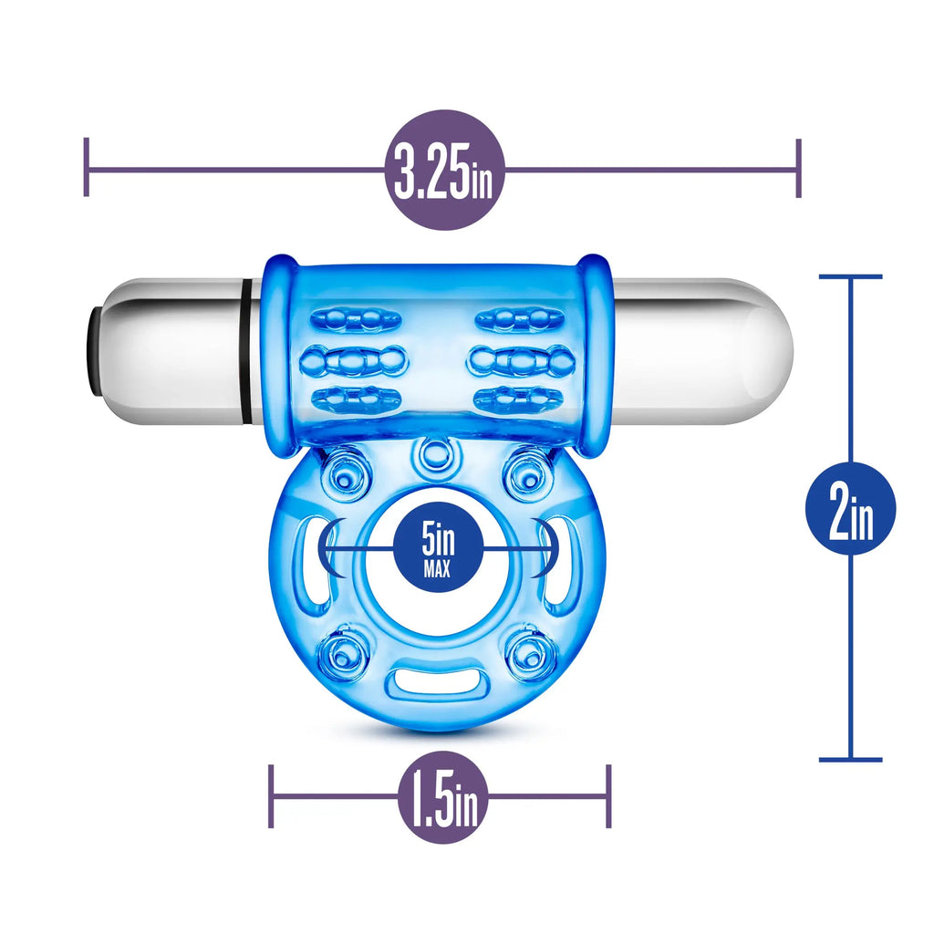Blue translucent silicone vibrating bull ring with silver metallic ends and textured grip surfaces stay hard 10 function