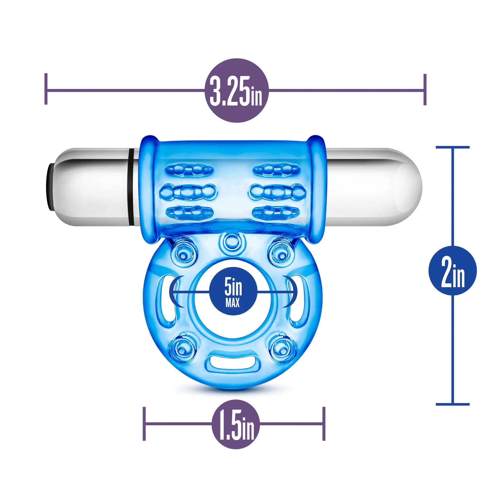 Blue translucent silicone vibrating bull ring with silver metallic ends and textured grip surfaces stay hard 10 function