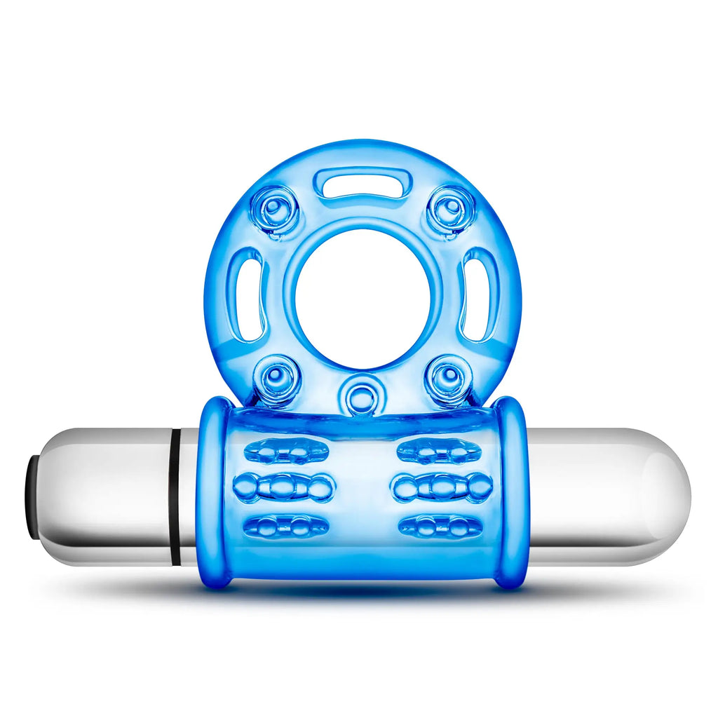Blue translucent silicone vibrating bull ring with textured grip and silver metallic base for enhanced pleasure