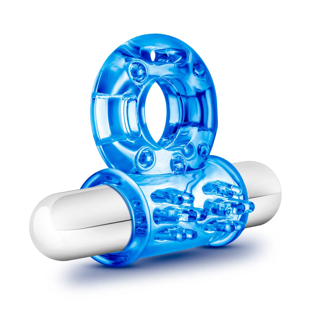 Blue translucent silicone vibrating bull ring with white textured grip handles for enhanced pleasure