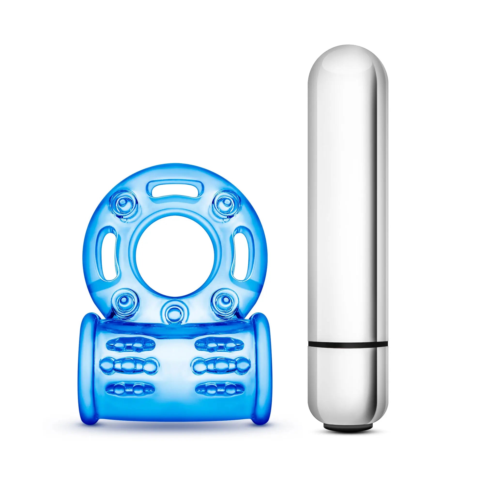 Blue transparent silicone vibrating bull ring with textured grip and silver metallic remote for 10 function use