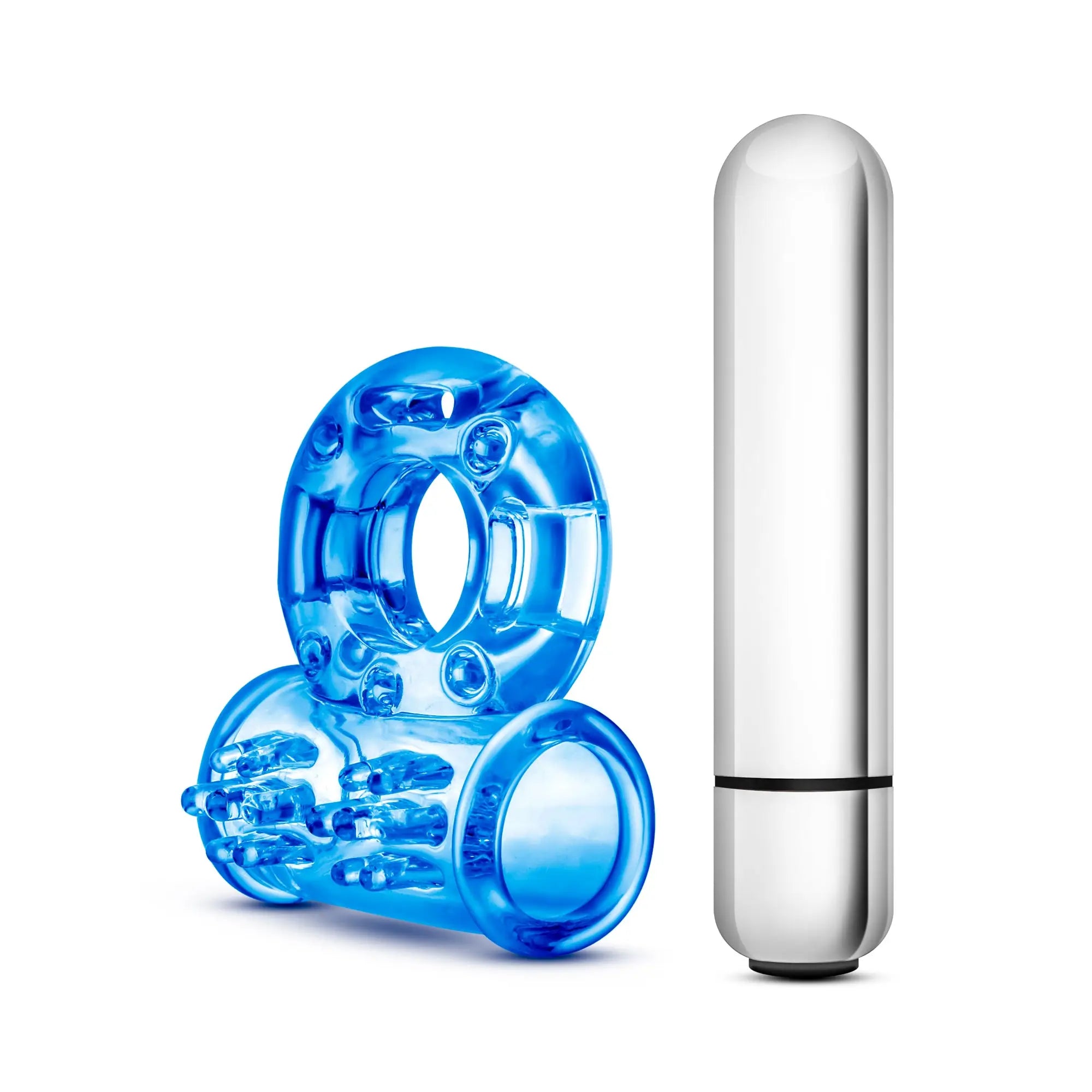 Blue transparent silicone vibrating bull ring with textured grip and silver metallic vibrator for enhanced pleasure