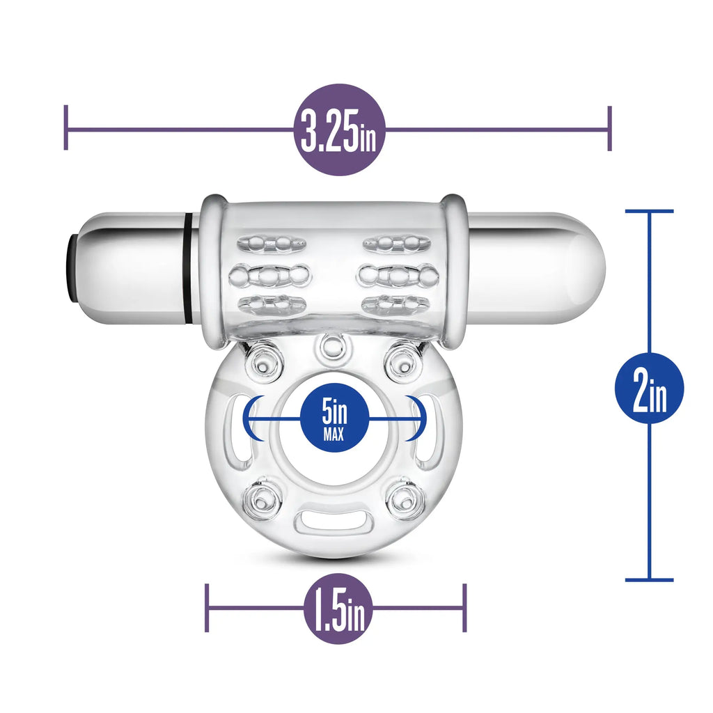 Clear plastic and metallic silver stay hard 10 function vibrating mega bull ring with textured grip and multi-hole base