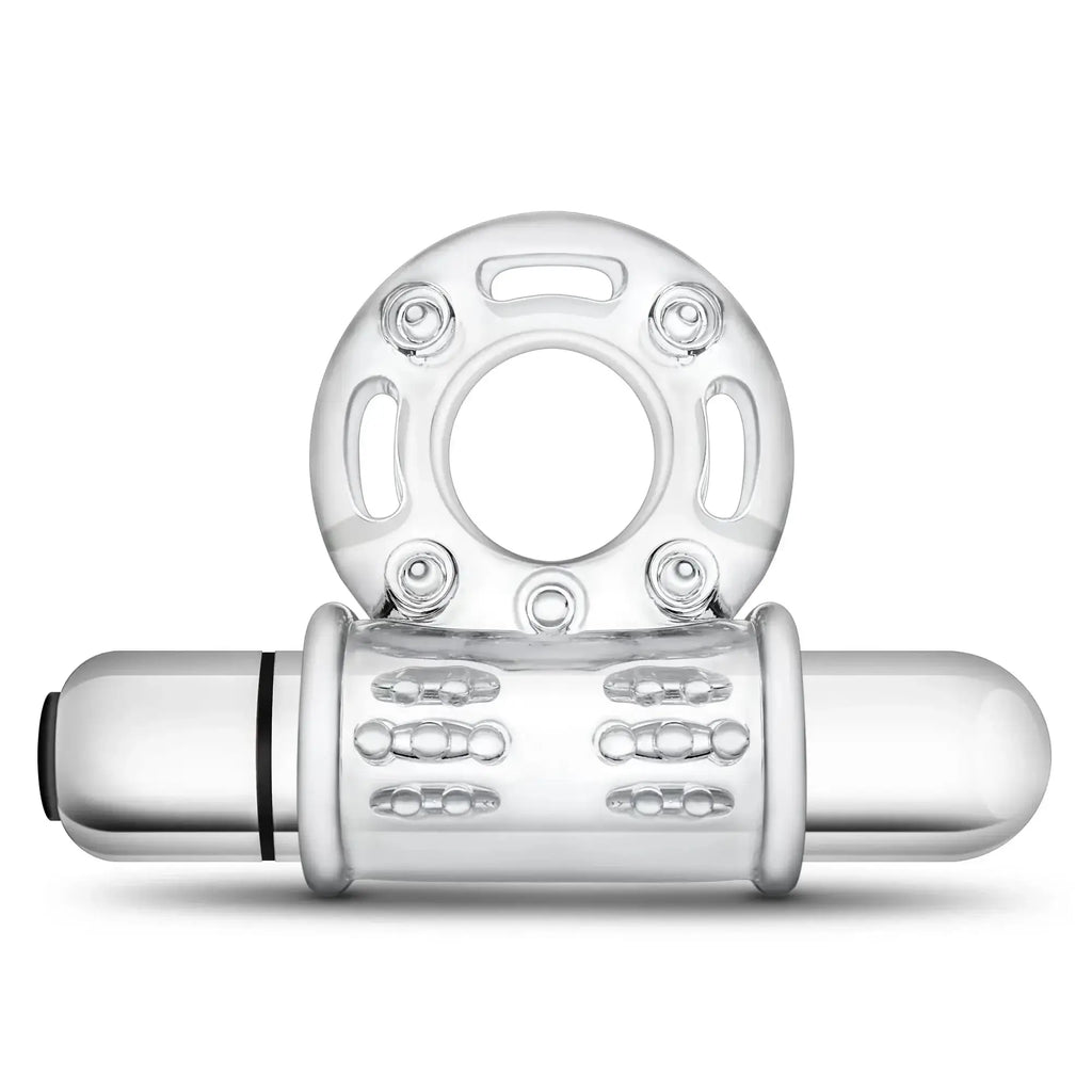 Stay Hard 10 function vibrating mega bull ring clear silicone with textured grip and metallic silver cylindrical base