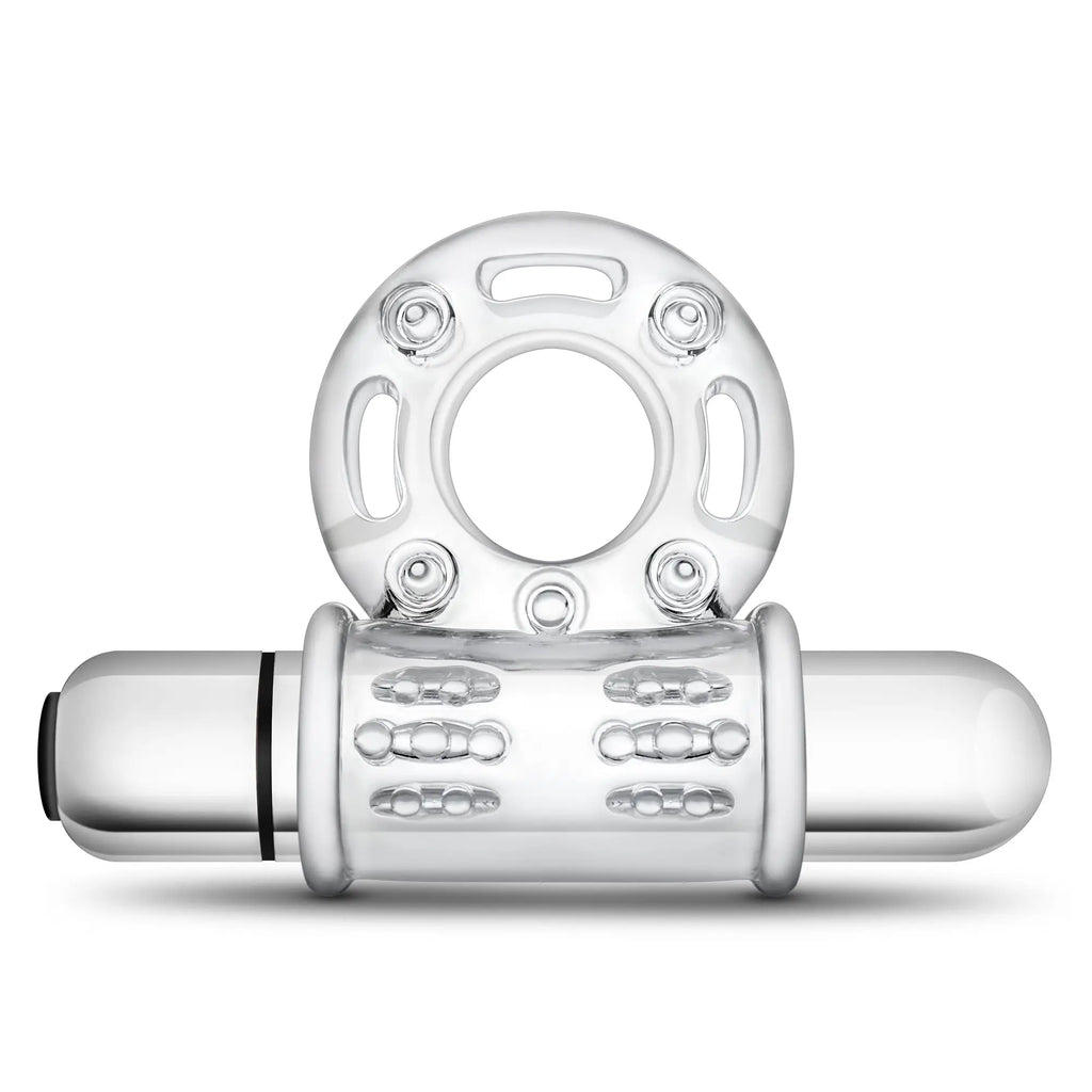 Stay Hard 10 function vibrating mega bull ring clear silicone with textured grip and metallic silver cylindrical base