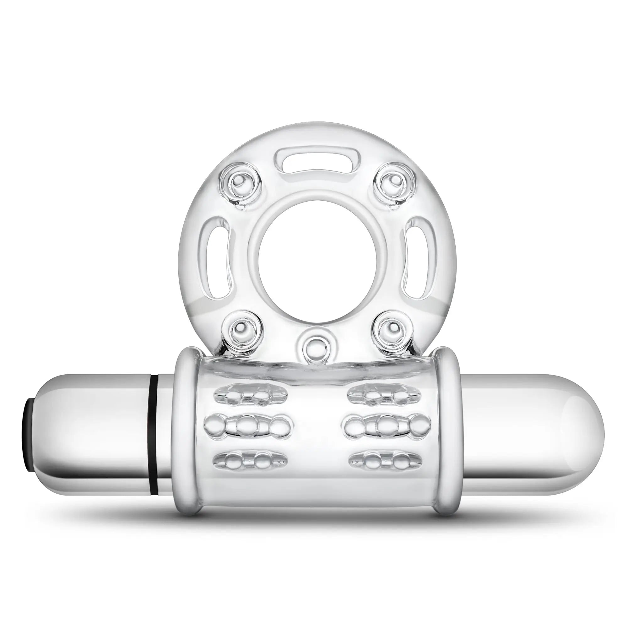 Stay Hard 10 function vibrating mega bull ring clear silicone with textured grip and metallic silver cylindrical base