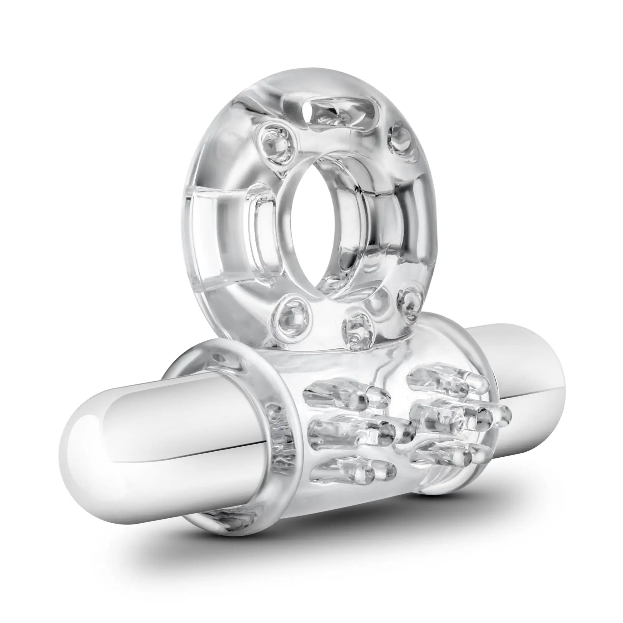 Clear silicone stay hard 10 function vibrating mega bull ring with textured grip and embedded led lights