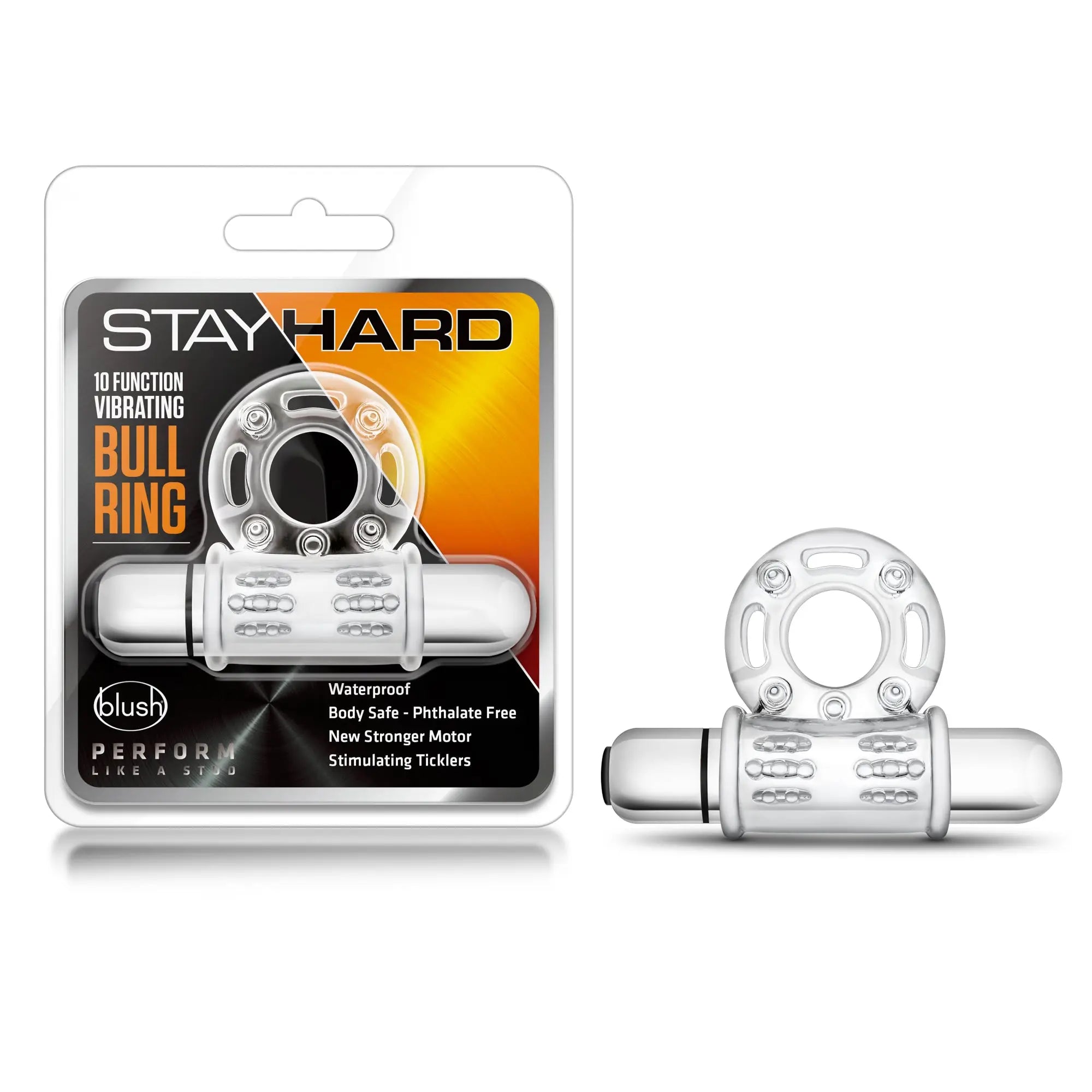 Silver metallic stayhard 10 function vibrating mega bull ring with textured grip and circular head by blush