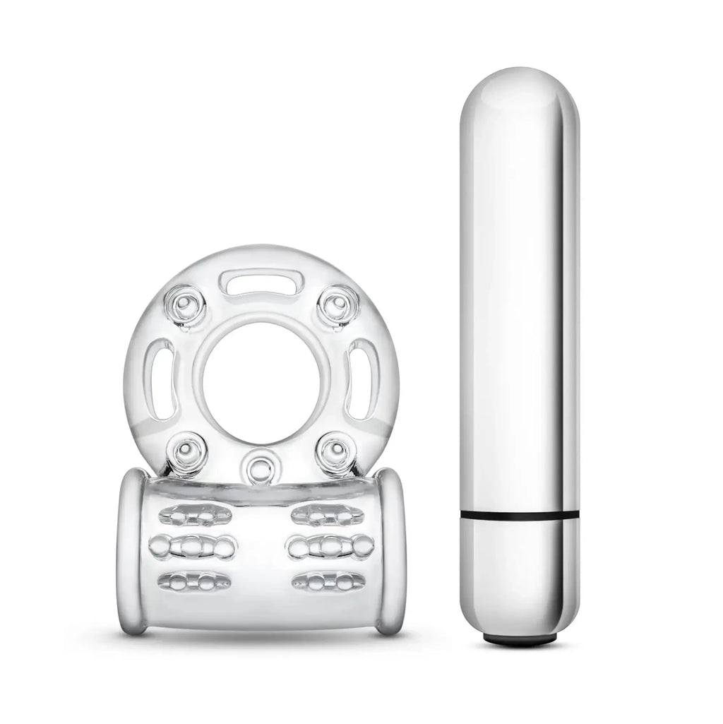 Silver metallic vibrating ring with textured grip and matching wand from stay hard 10 function vibrating mega bull ring clear