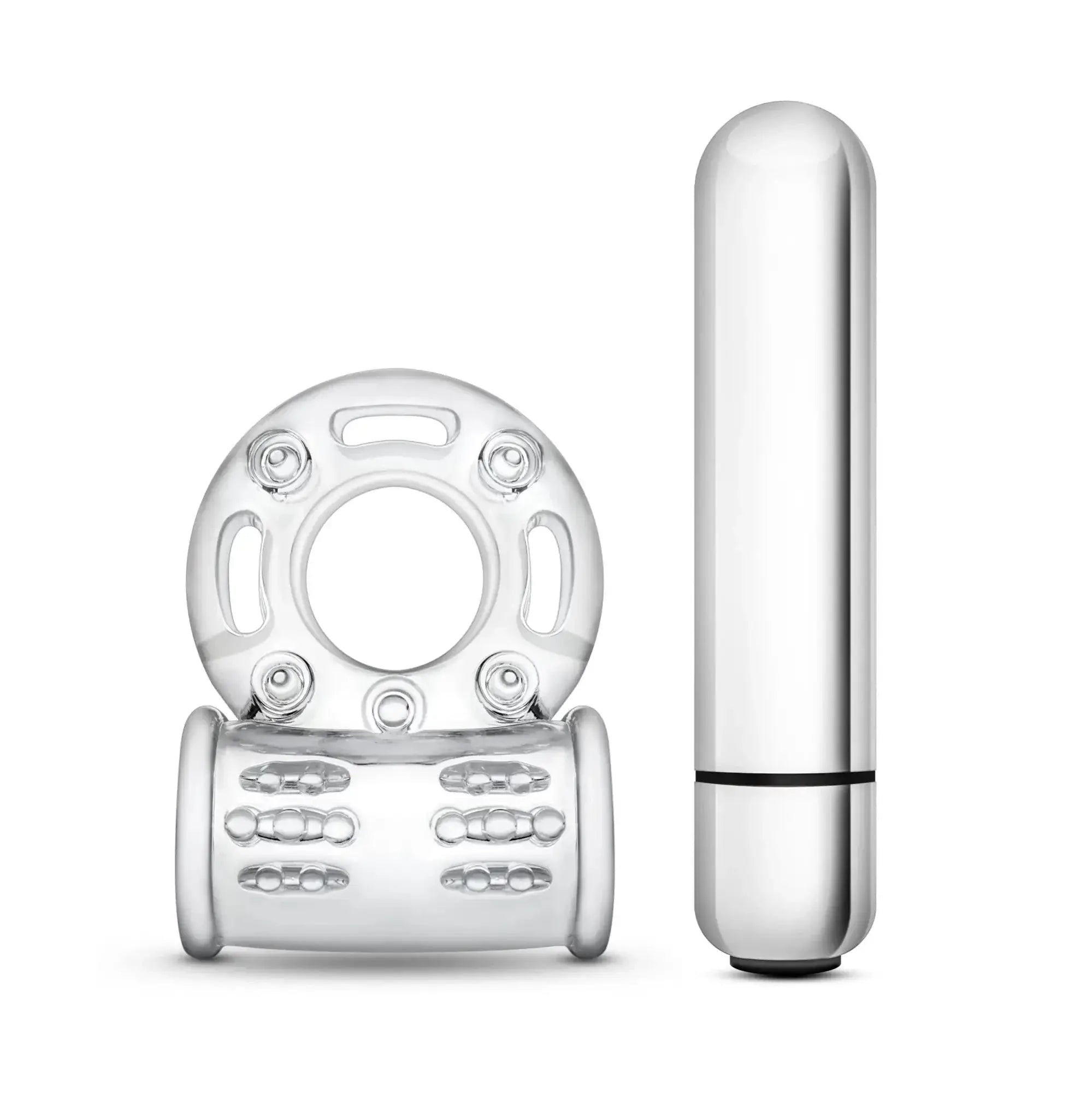 Silver metallic vibrating ring with textured grip and matching wand from stay hard 10 function vibrating mega bull ring clear