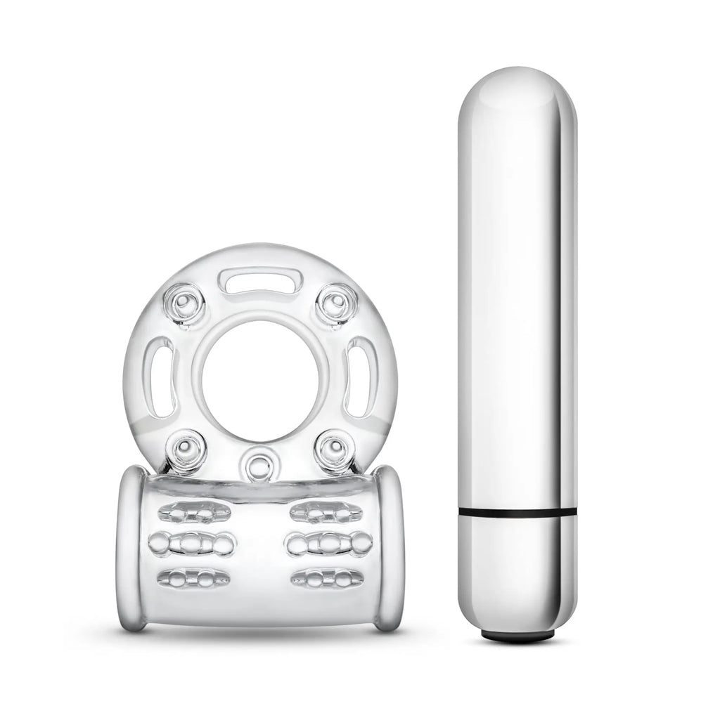 Silver metallic vibrating ring with textured grip and matching wand from stay hard 10 function vibrating mega bull ring clear