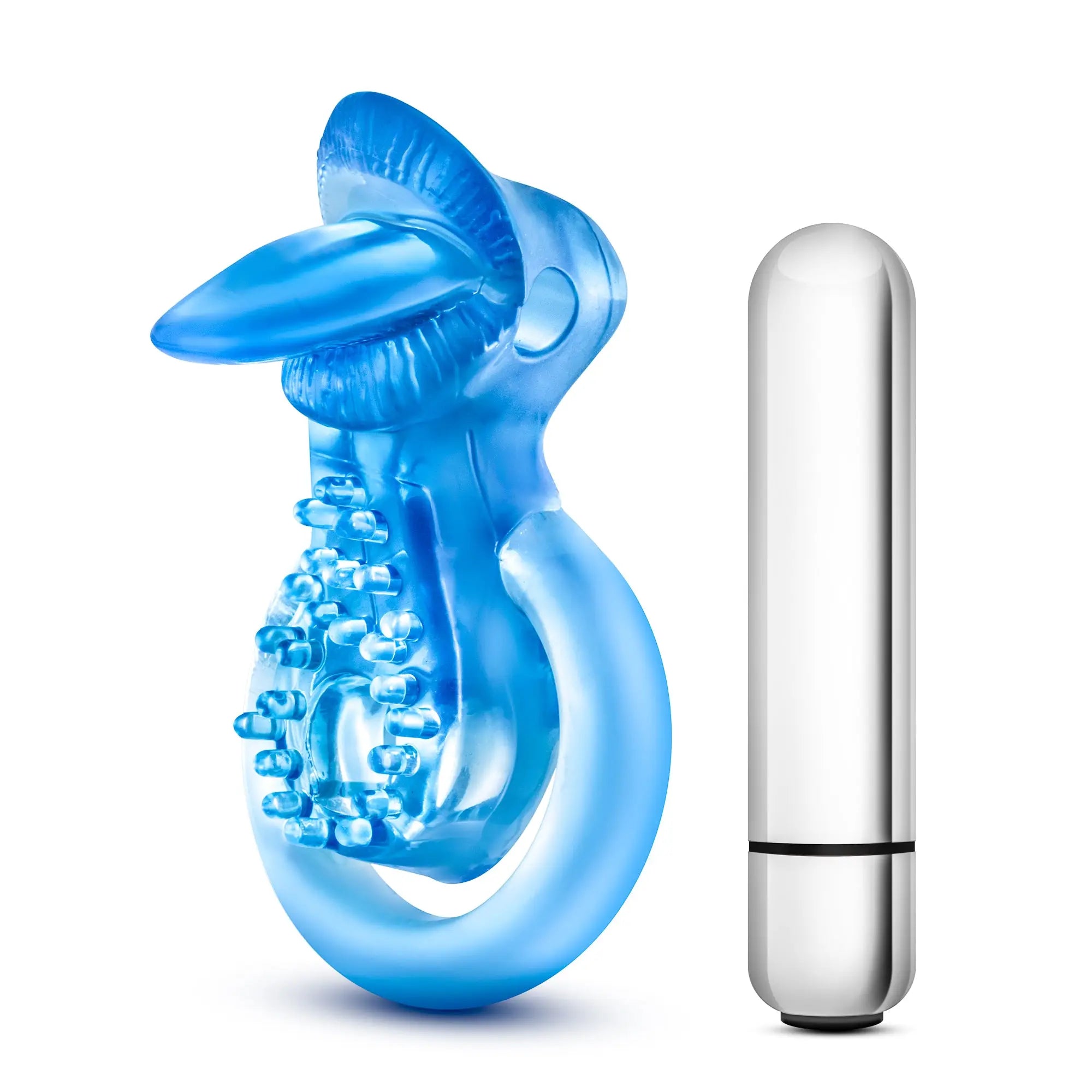 Blue silicone dolphin-shaped vibrator with textured bumps and silver cylindrical remote control for multiple functions