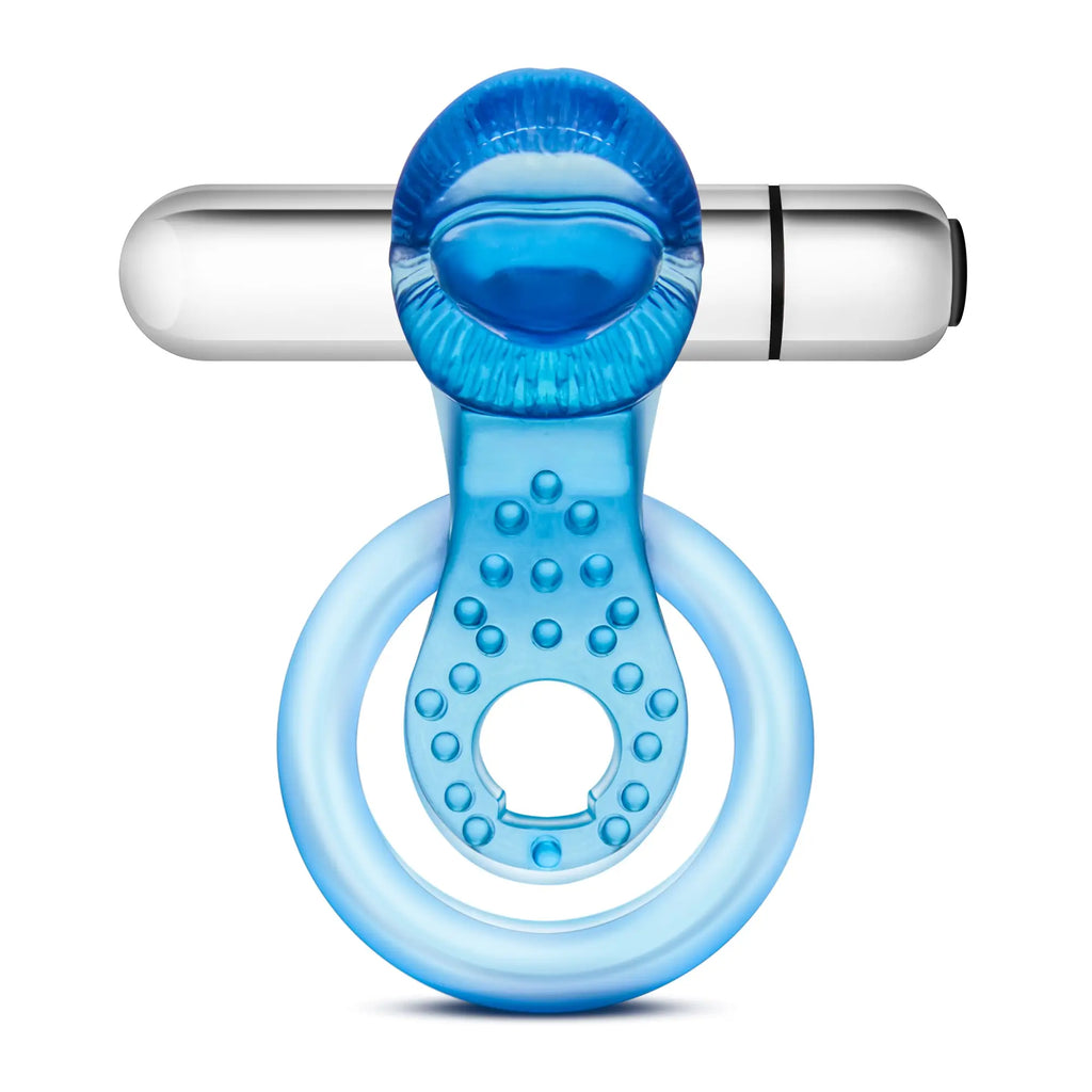 Blue silicone vibrating tongue ring with textured grip and silver cylindrical wand for 10 function use