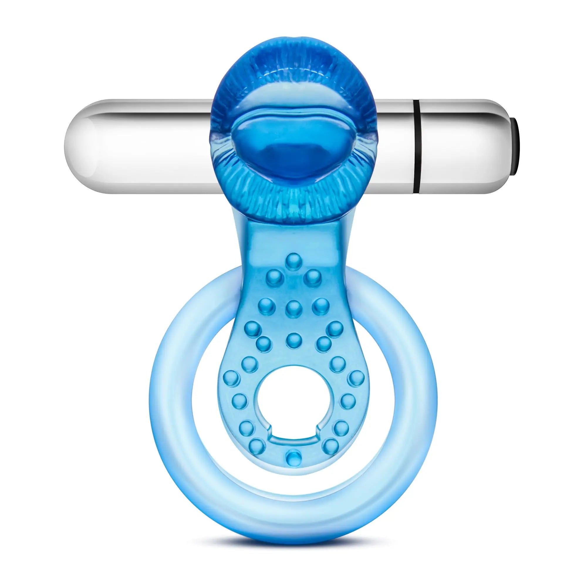 Blue silicone vibrating tongue ring with textured grip and silver cylindrical wand for 10 function use