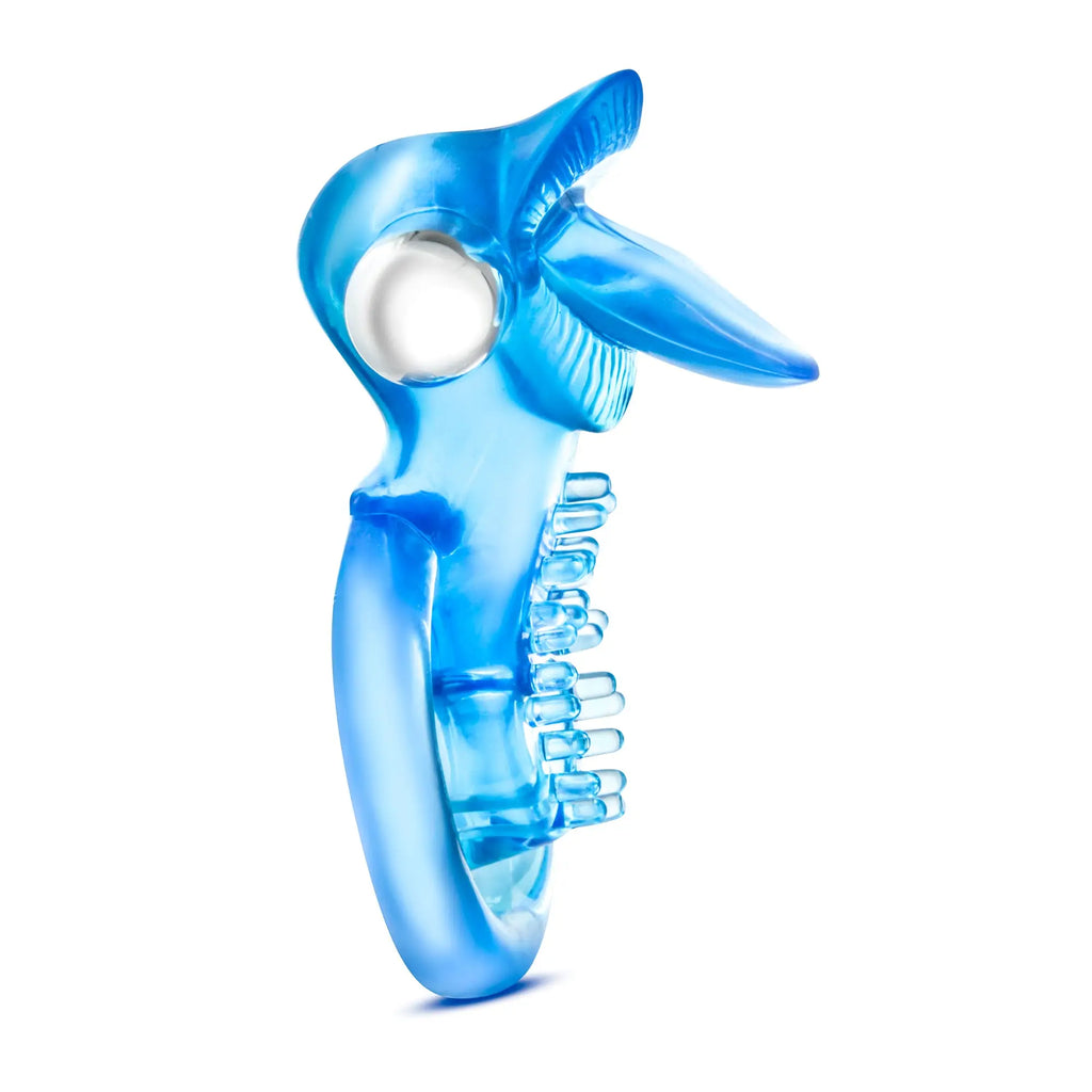 Blue translucent dolphin-shaped vibrator with 10 functions textured ridges and circular base for stay hard stay hard use