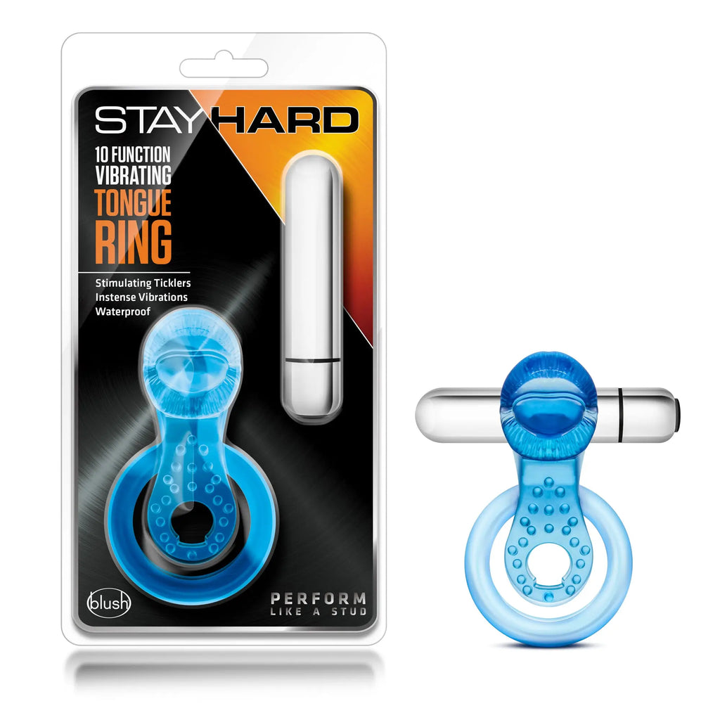 Blue translucent silicone tongue ring with silver metallic vibrating rod from stay hard 10 function vibrator