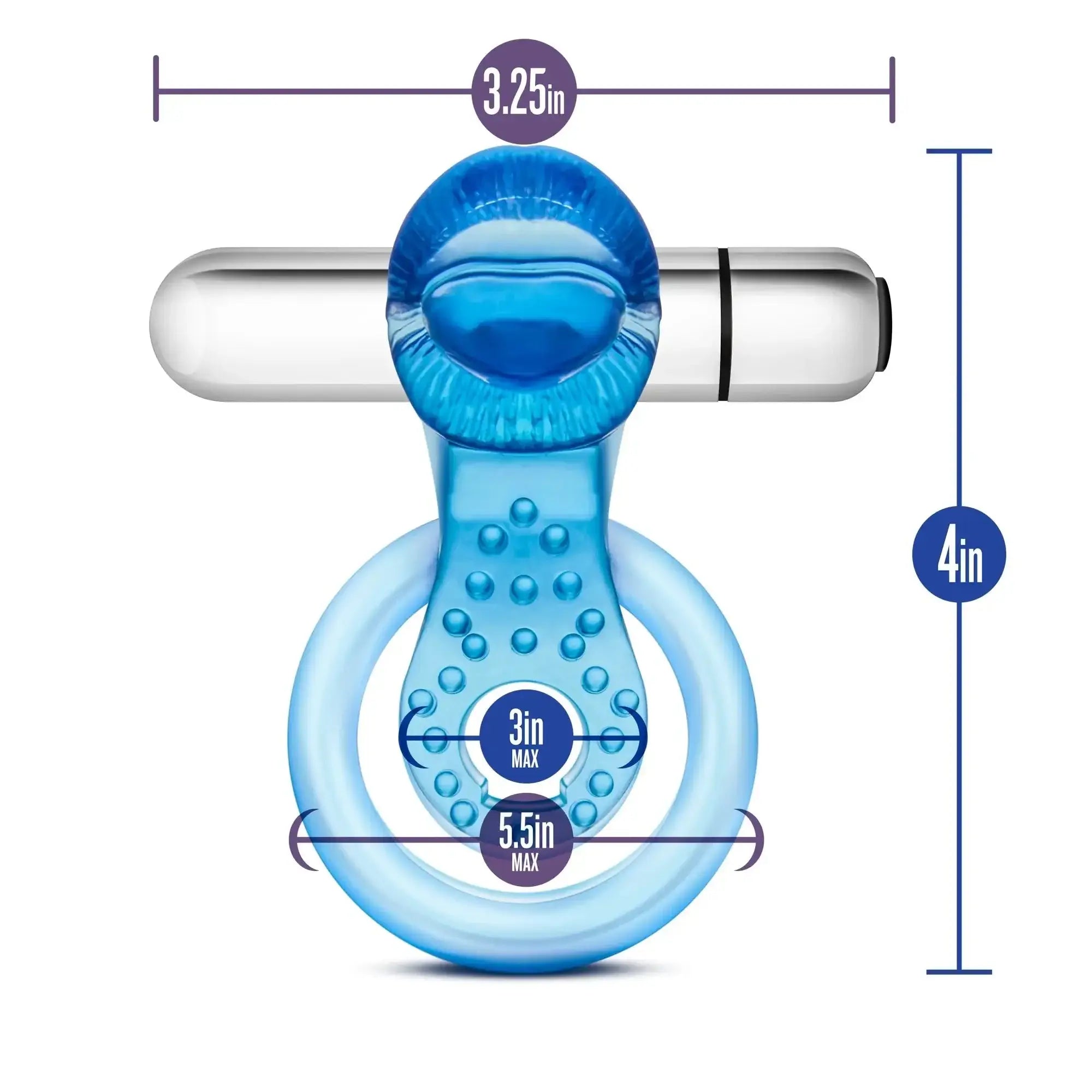 Blue translucent silicone vibrating tongue ring with textured grip and silver cylindrical rod for 10 function use