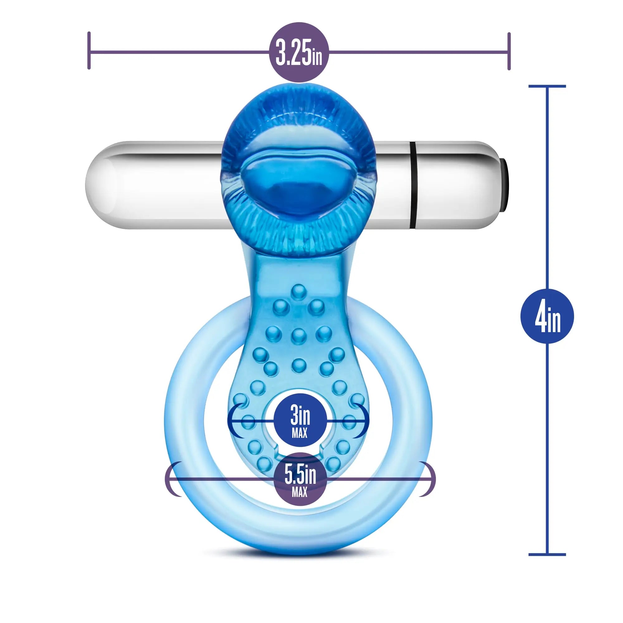 Blue translucent silicone vibrating tongue ring with textured grip and silver cylindrical rod for 10 function use