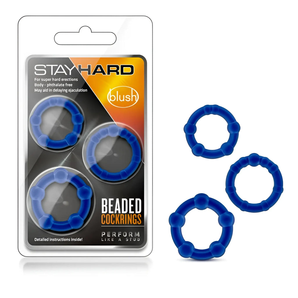 Stayhard beaded cock rings blue in blister pack featuring brand name and logo for enhanced pleasure use
