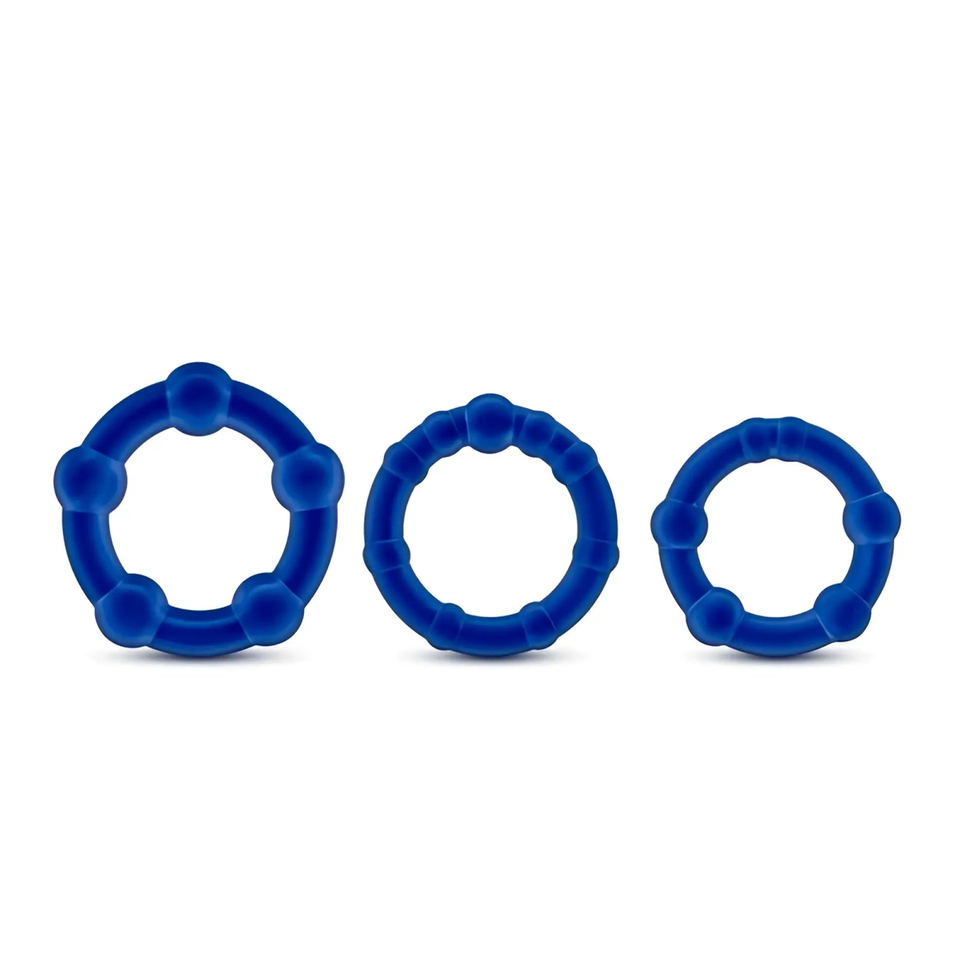 Set of three blue silicone stay hard beaded cock rings with textured rounded protrusions for enhanced grip