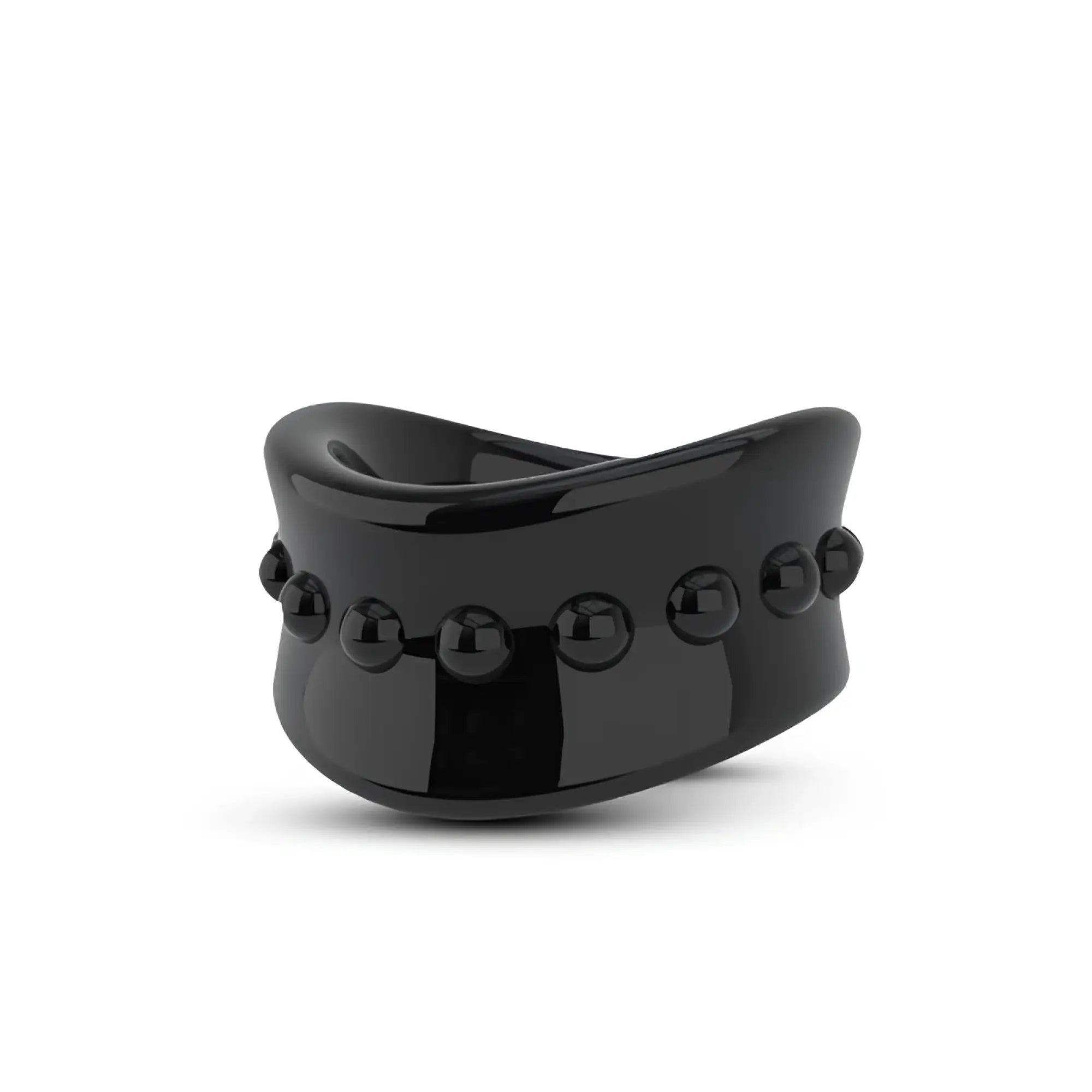 Black glossy ceramic stay hard beef ball stretcher with curved wide band and spaced spherical beads for snug fit
