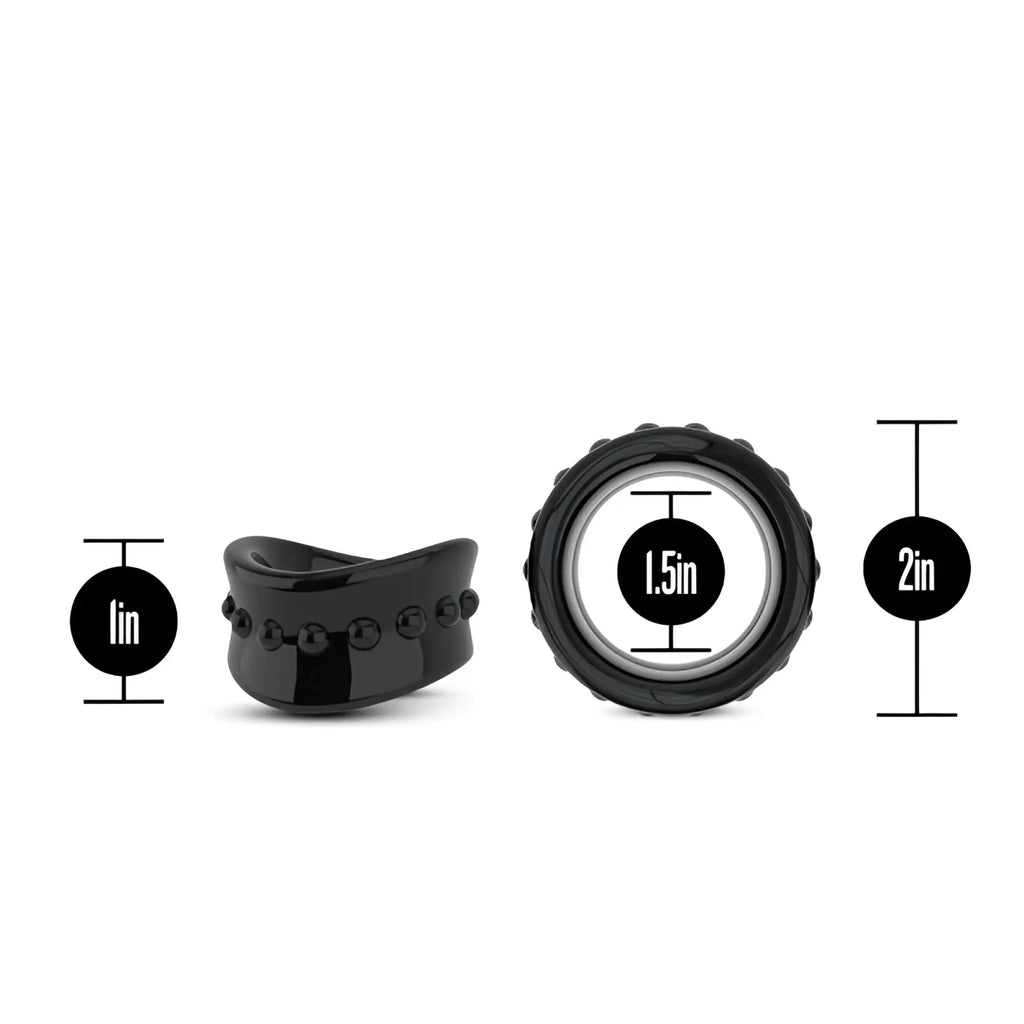Black glossy rubber stay hard beef ball stretcher with textured grip and bead accents snug 1.5 inch black