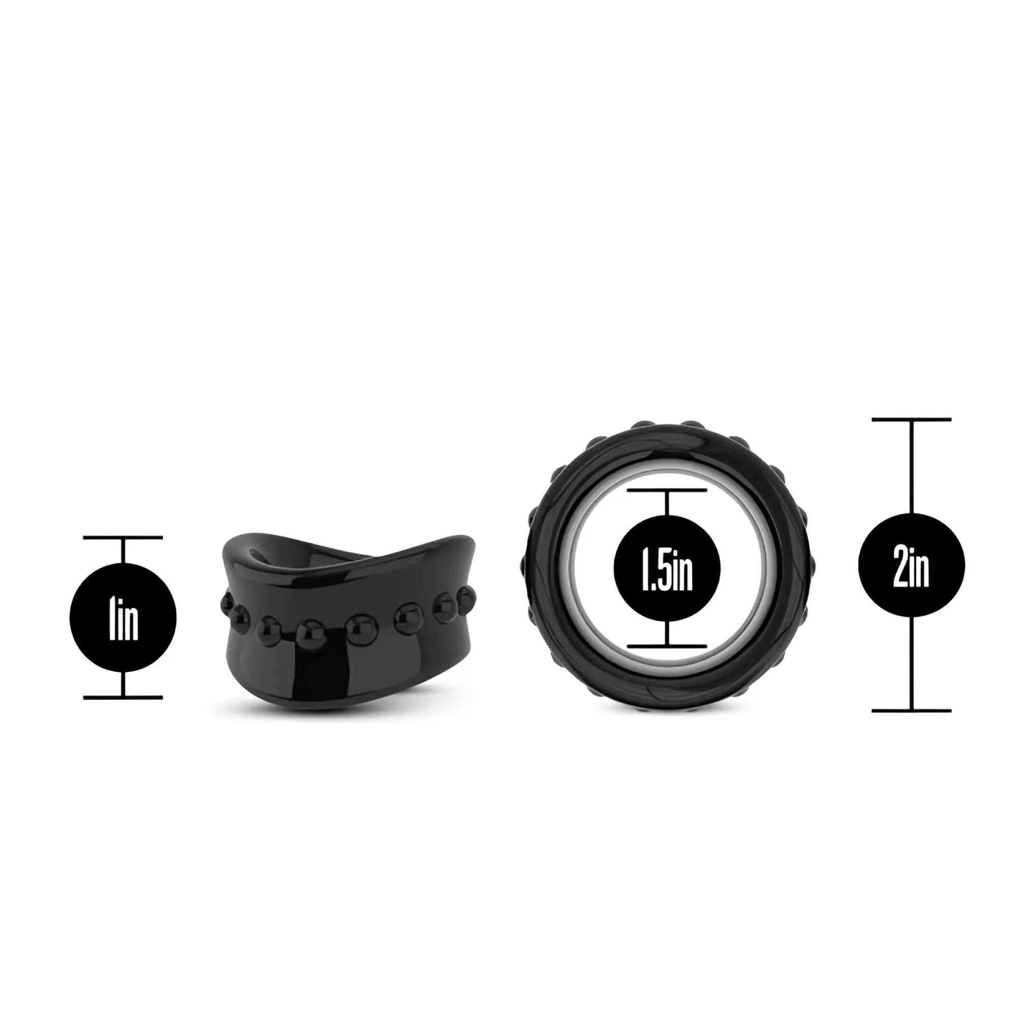 Black glossy rubber stay hard beef ball stretcher with textured grip and bead accents snug 1.5 inch black