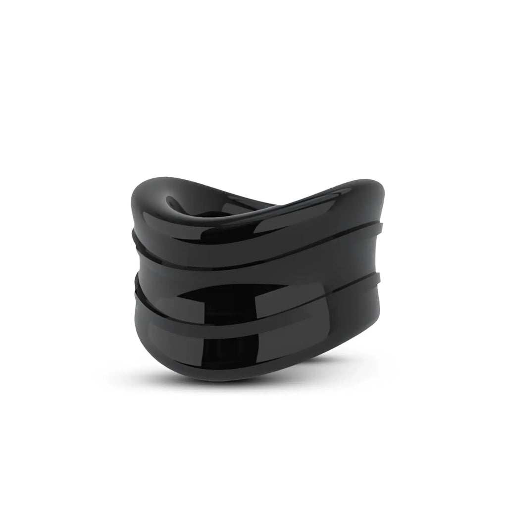 Black glossy ceramic stay hard beef ball stretcher snug 1in ring with three horizontal ridges and sculpted design