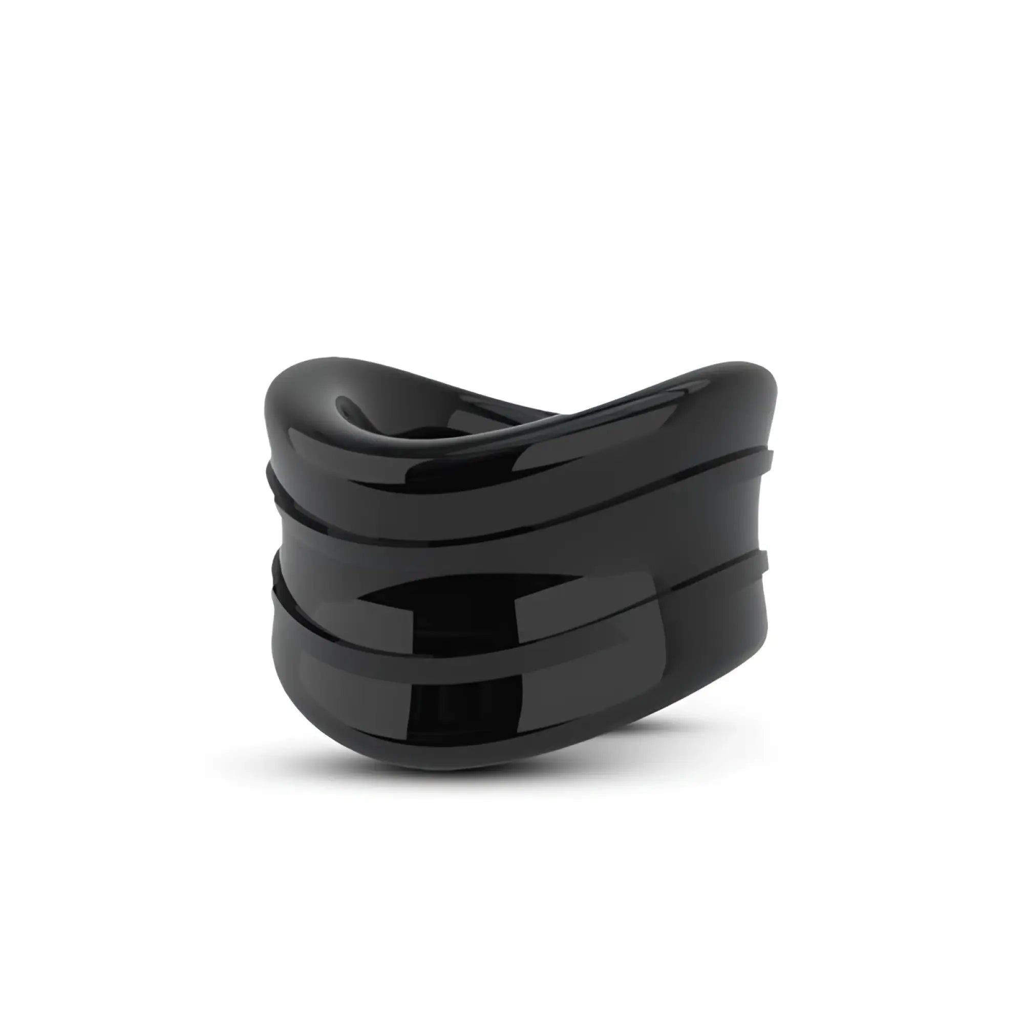 Black glossy ceramic stay hard beef ball stretcher snug 1in ring with three horizontal ridges and sculpted design