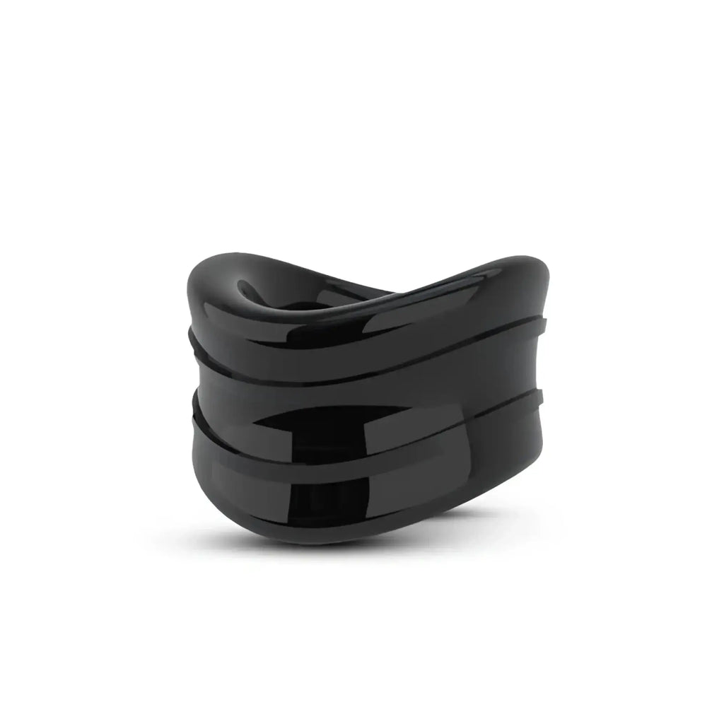 Black glossy ceramic stay hard beef ball stretcher snug 1in ring with three horizontal ridges and sculpted design