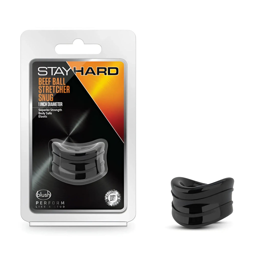 Stay Hard beef ball stretcher snug 1in black with glossy finish and layered curved design in black plastic material