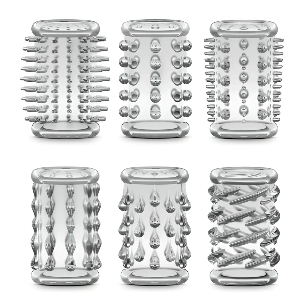 Set of six clear silver-tipped massage rollers with varied textures for stay hard stay hard cock sleeve kit clear