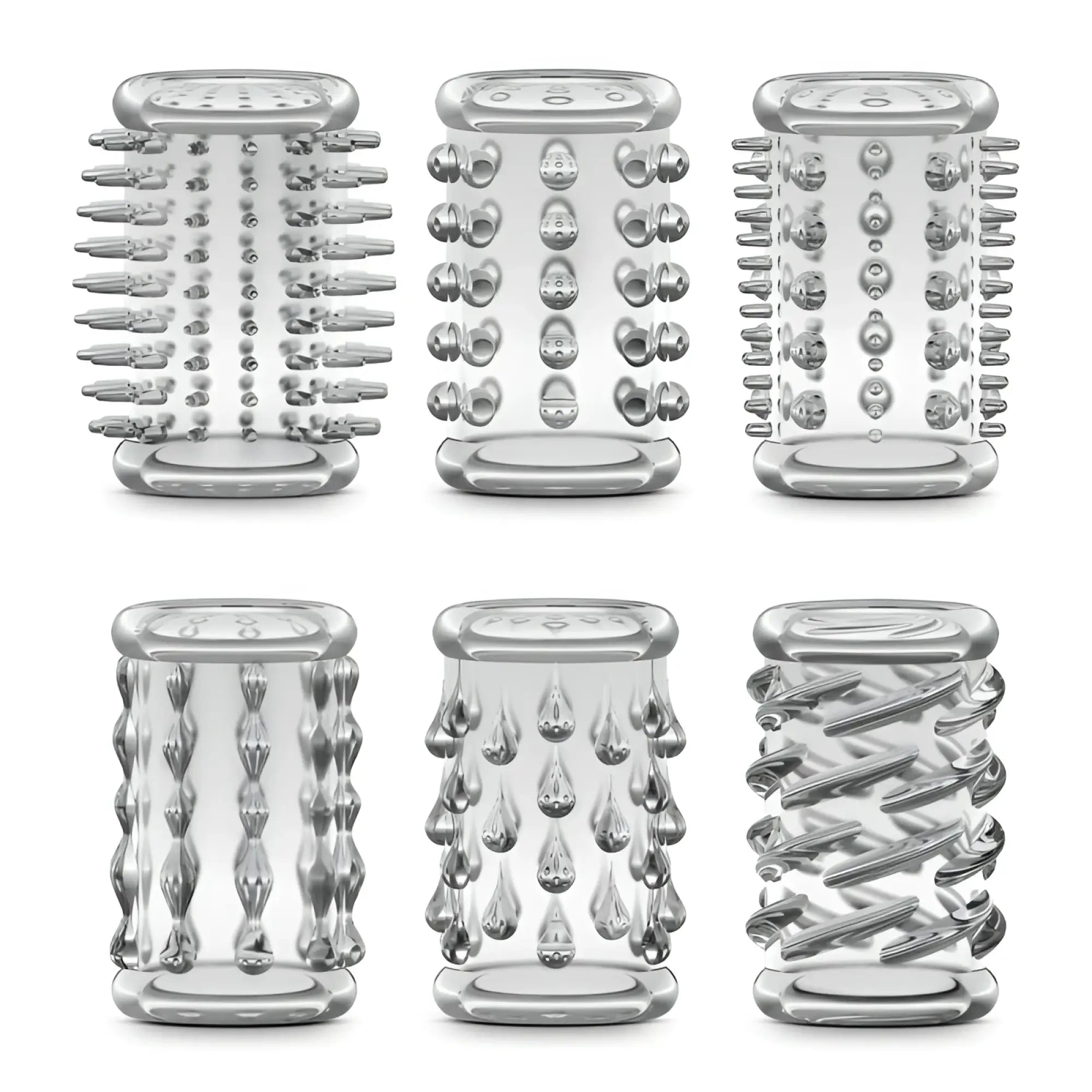 Set of six clear silver-tipped massage rollers with varied textures for stay hard stay hard cock sleeve kit clear