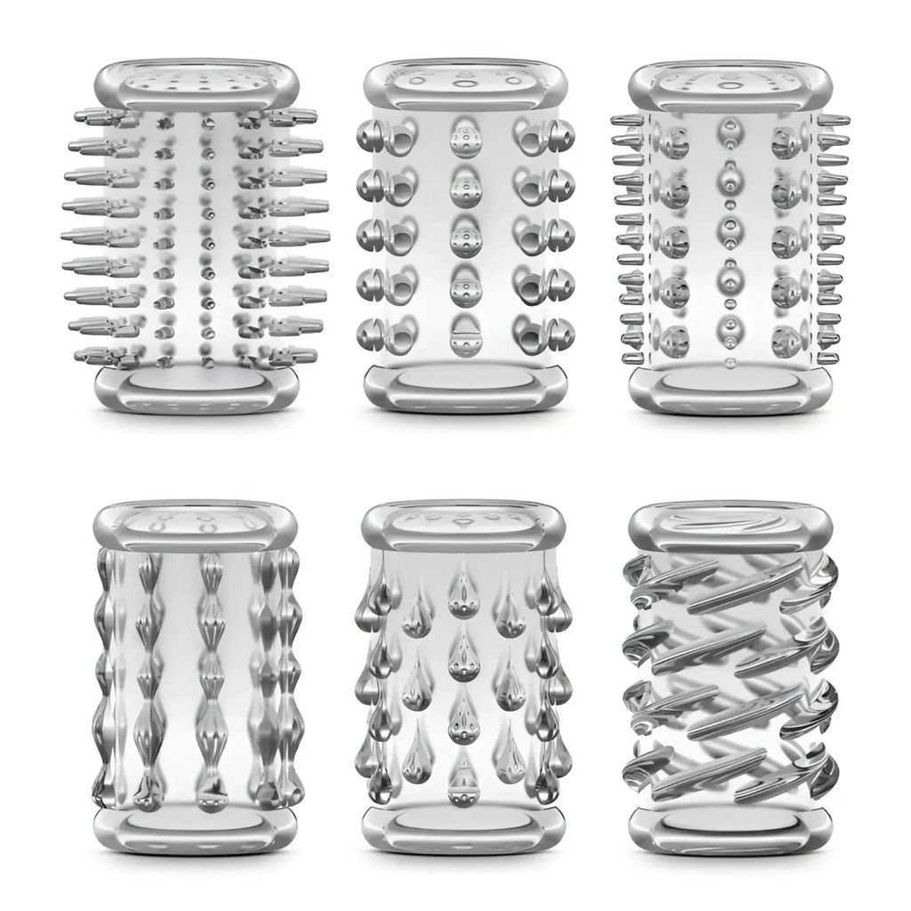 Set of six clear silver-tipped massage rollers with varied textures for stay hard stay hard cock sleeve kit clear