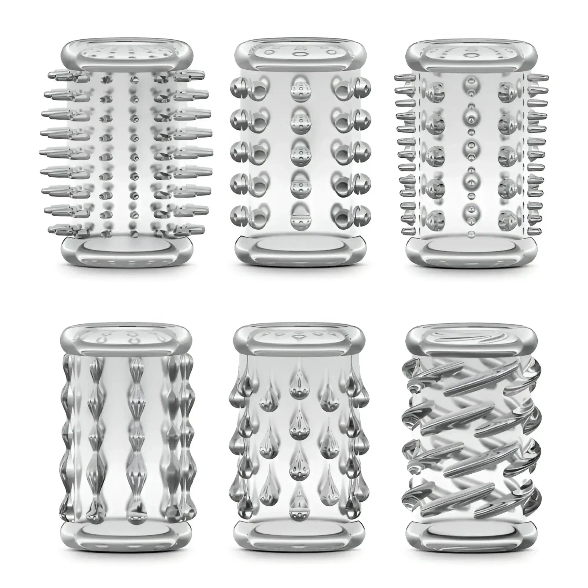 Set of six clear silver-tipped massage rollers with varied textures for stay hard stay hard cock sleeve kit clear