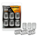Stay hard cock sleeve kit clear with six textured transparent silicone sleeves in a blister pack for enhanced sensation