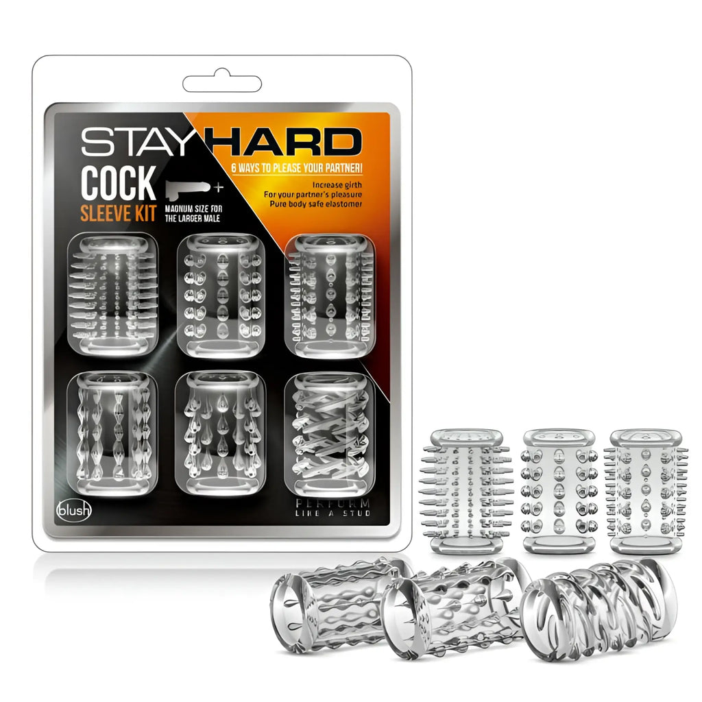 Stay hard cock sleeve kit clear with six textured transparent silicone sleeves in a blister pack for enhanced sensation