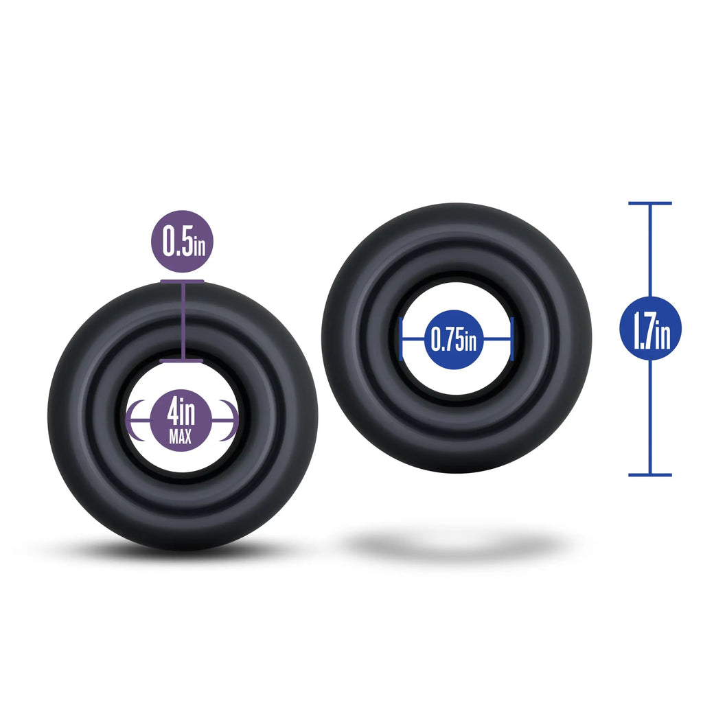 Black rubber stay hard donut ring with textured ridges and measurement markings indicating dimensions