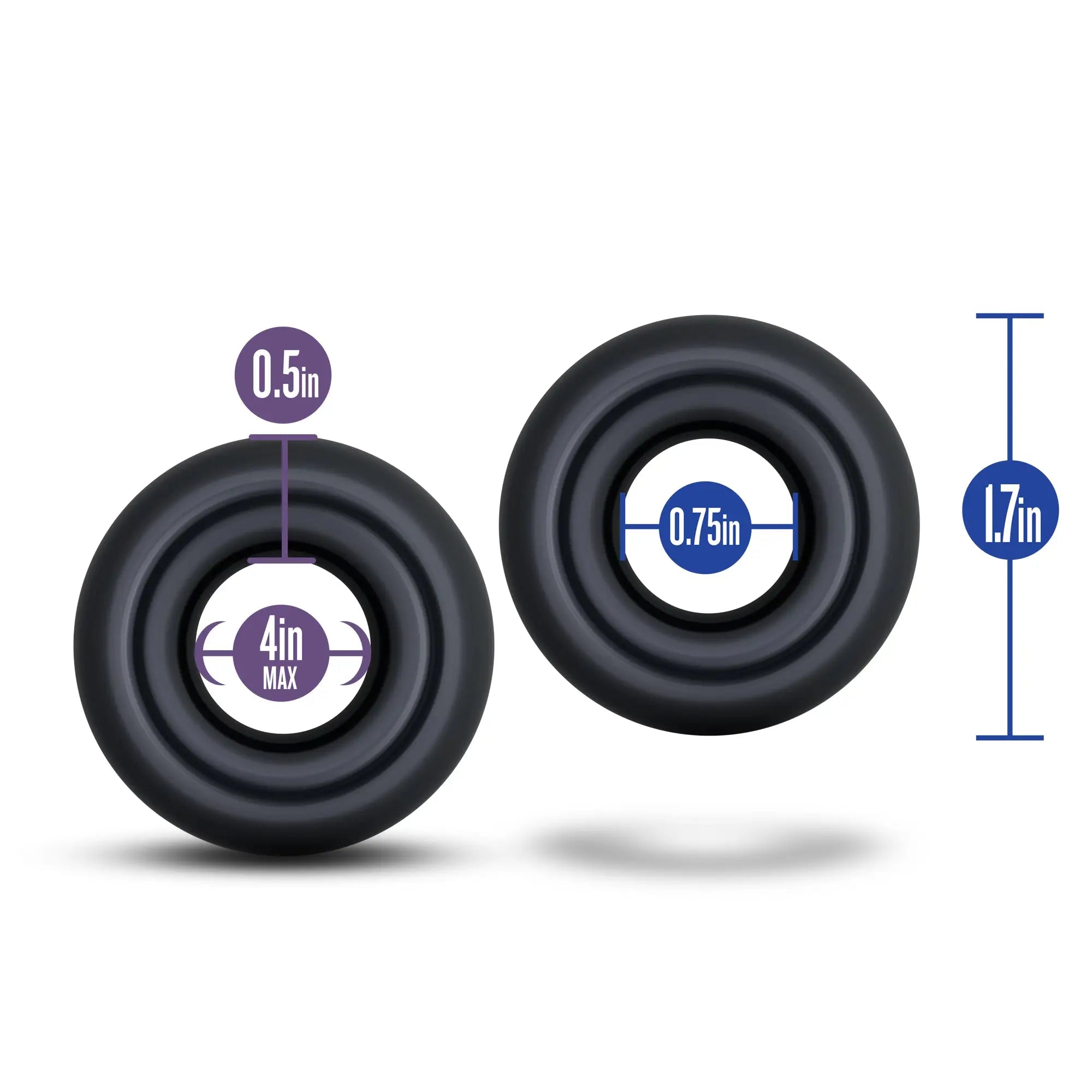 Black rubber stay hard donut ring with textured ridges and measurement markings indicating dimensions