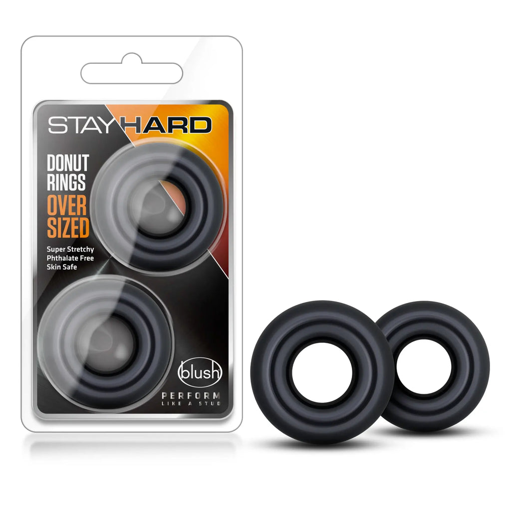 Black silicone oversized donut rings in stayhard packaging for enhanced performance and comfort use