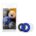 Set of three stayhard donut rings in blue black and white silicone designed for enhanced stay hard performance