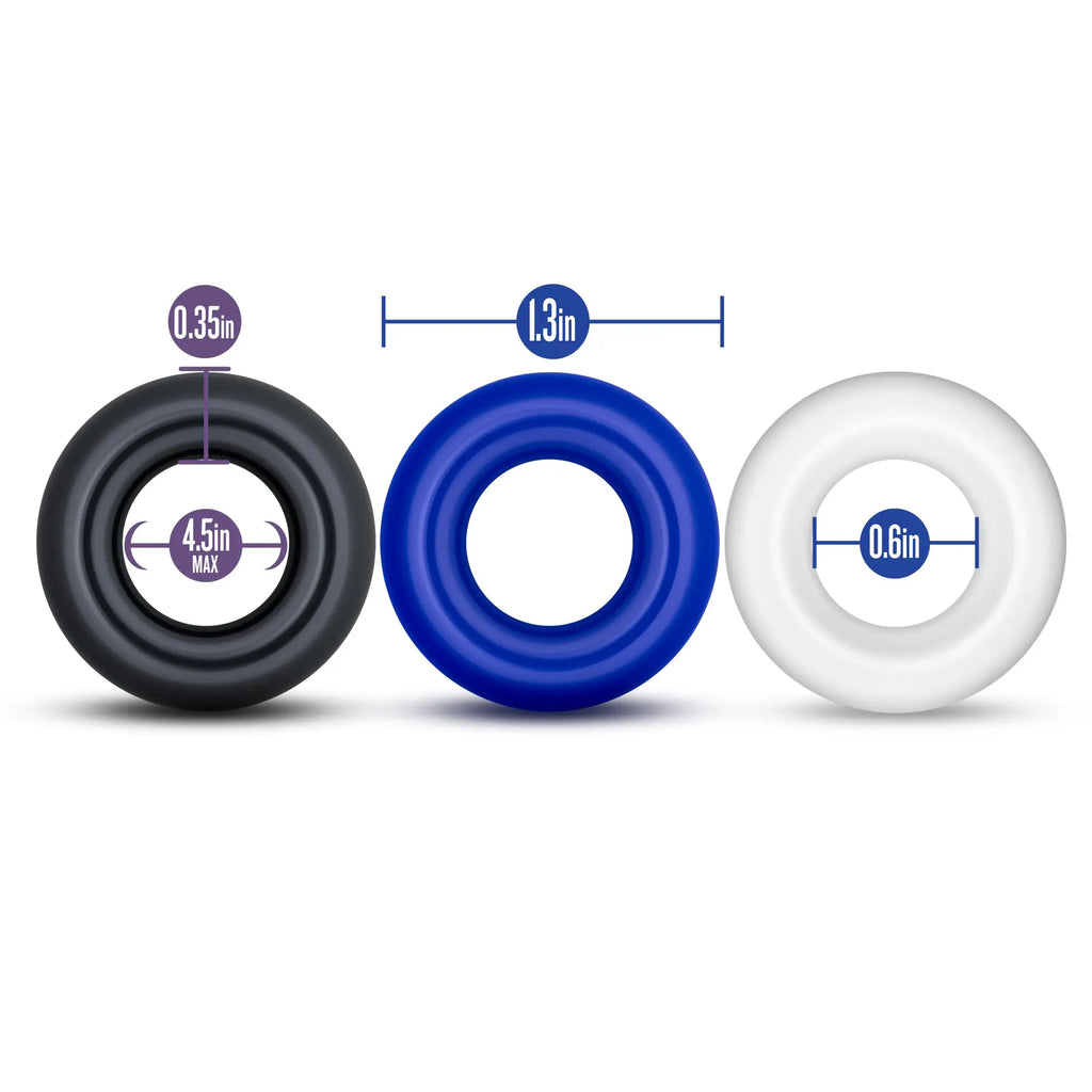 Three silicone stay hard donut rings in black blue and white with varying sizes for comfortable wear