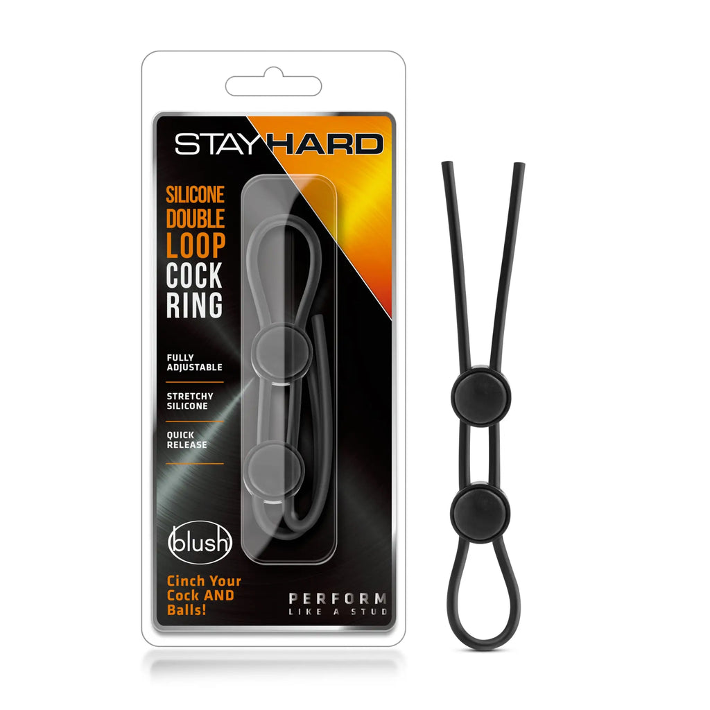 Stay hard silicone double loop cock ring in black with adjustable bands and quick release mechanism