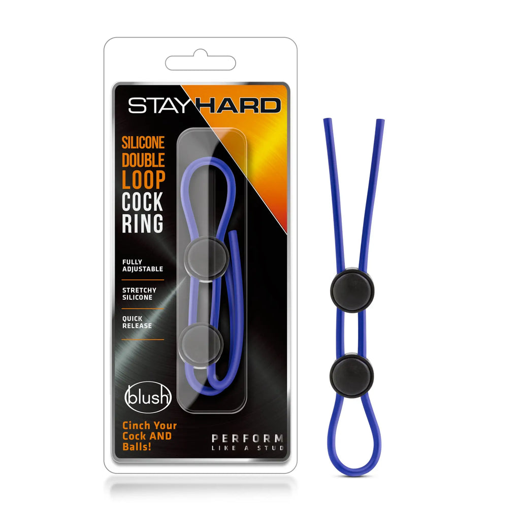 Blue silicone double loop cock ring with black circular adjustment knobs by stay hard for enhanced performance