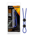 Blue silicone double loop cock ring with black circular adjustment knobs by stay hard for enhanced performance