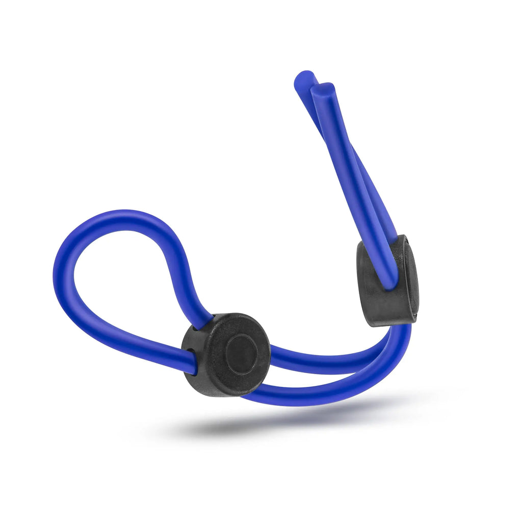 Stay hard silicone double loop cock ring in blue with black plastic clamps and a blue silicone strap