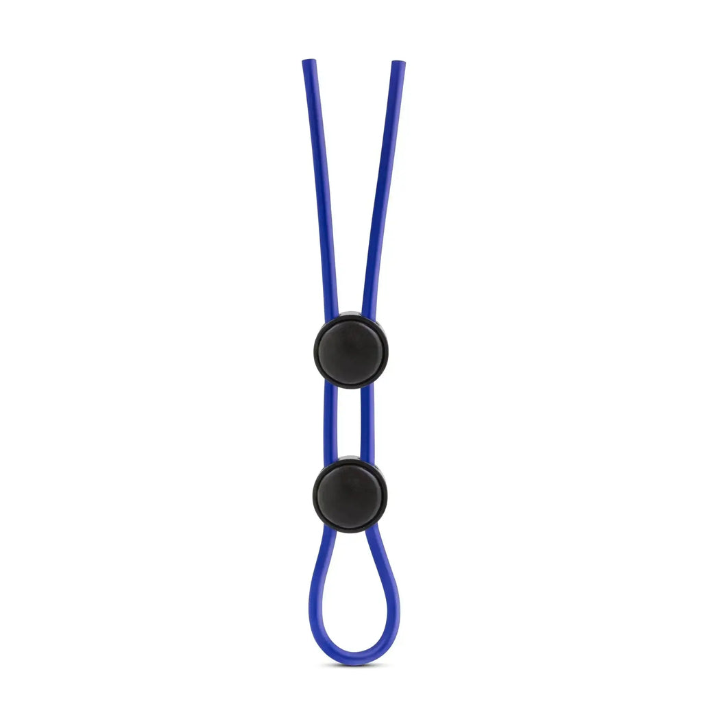 Stay Hard silicone double loop cock ring in blue with two black circular clasps and looped end visible from the back