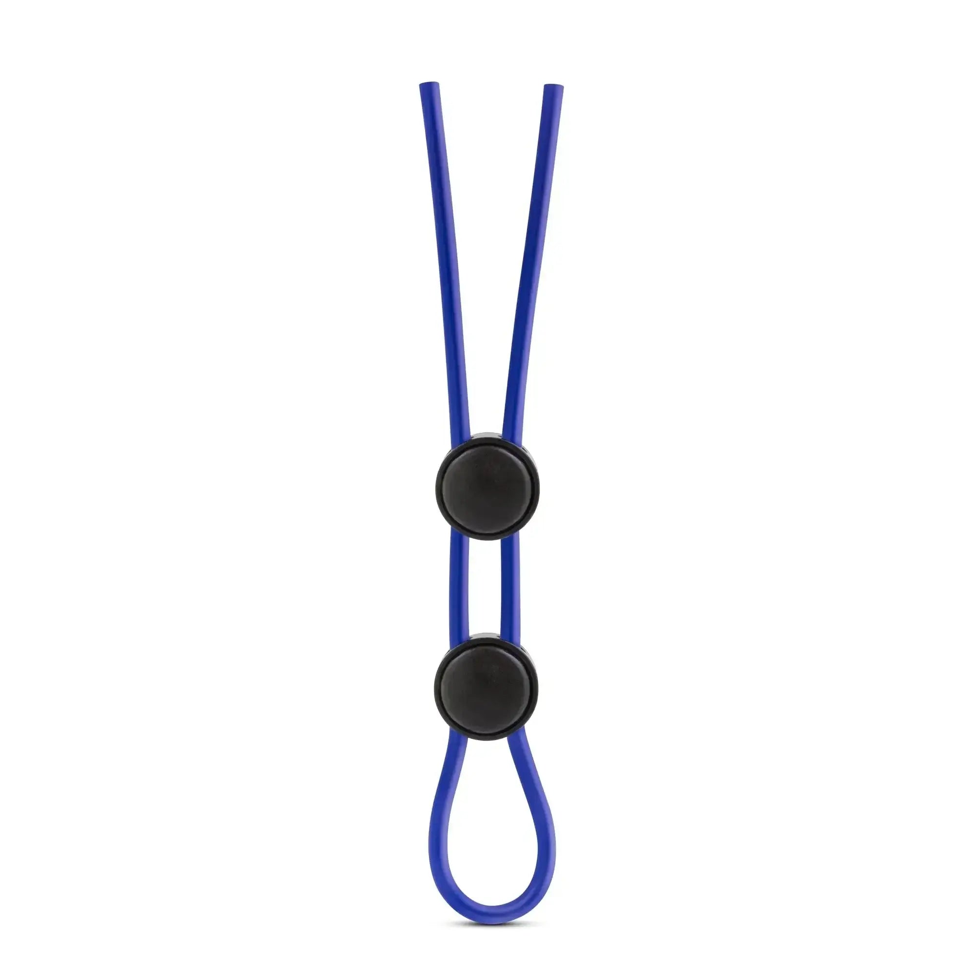 Stay Hard silicone double loop cock ring in blue with two black circular clasps and looped end visible from the back